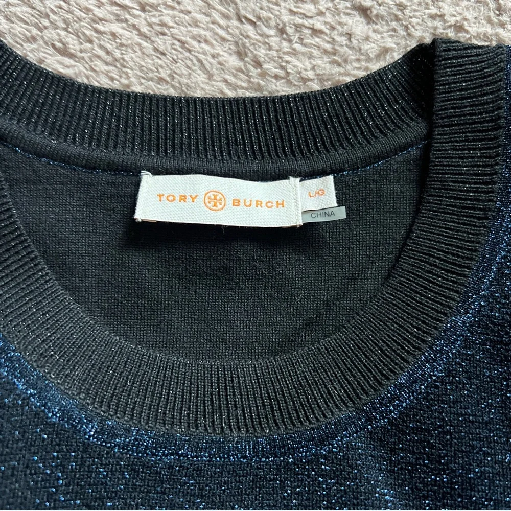 Tory Burch Lurex Block Metallic Wool Blend Sweater Preppy Minimalist Luxury Sz L